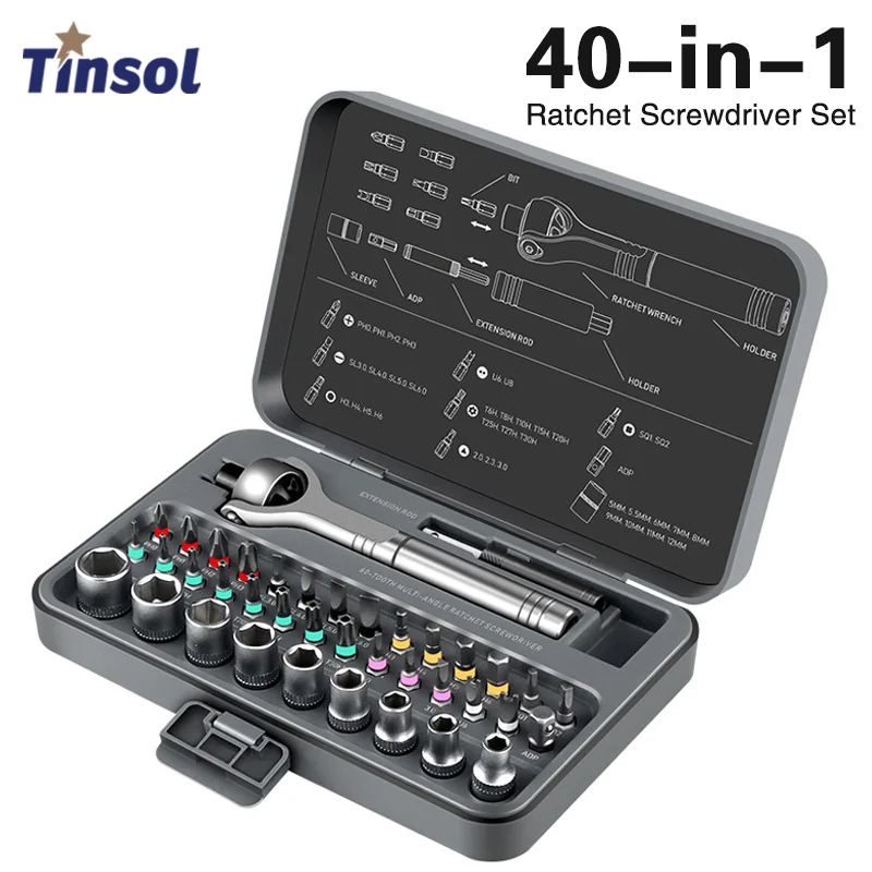 

Многофункциональный набор отверток-трещоток TINSOL 40-в-1 с магнитными насадками для ремонта компьютеров, мобильных телефонов и бытовой техники