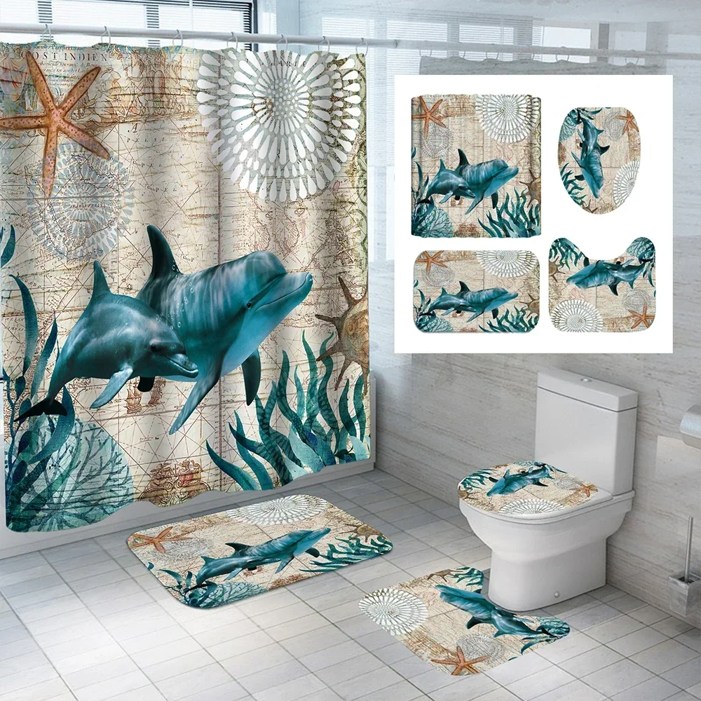 Turtle Sea Horse Dolphin Print Shower Curtain Set Bathroom Bathing Screen Anti-slip Toilet Lid Cover Carpet Rugs Home Decor Sets