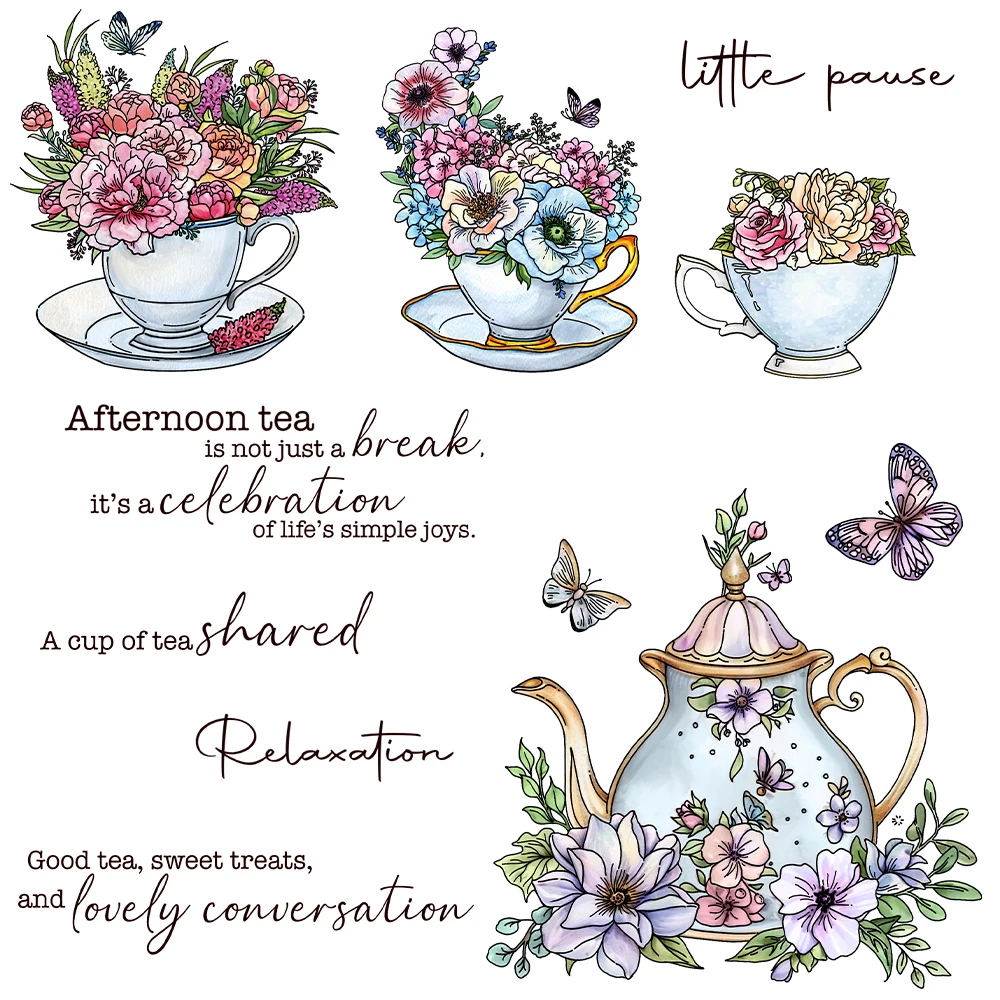 Mangocraft Relaxing Tea Time With Flowers Clear Stamp DIY Scrapbooking Supplies Silicone Stamp For Card Making Albums Crafts