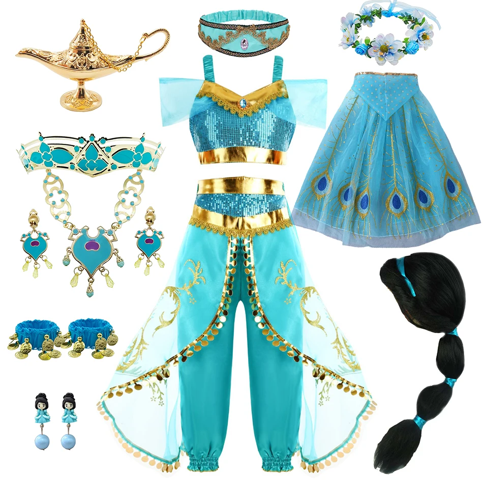 Jasmine Dress Girls Cosplay Kids Aladdin Clothing Carnival Birthday Ball Gown Party Cosplay Princess Vestidos Magic Lamp Costume