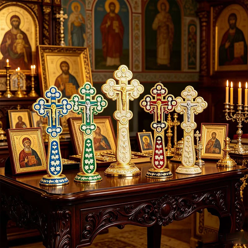 Colorful Enamel Orthodox Standing Cross with Jesus Crucifix for Church Altar Tabletop Decoration and Blessing Ceremony