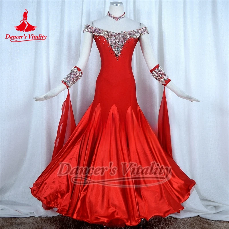 Ballroom Dance Dew Shoulder AB Stones Dresses with Necklace Custom Adult Female Waltz Tango Perform Clothing Dancer's Vitality