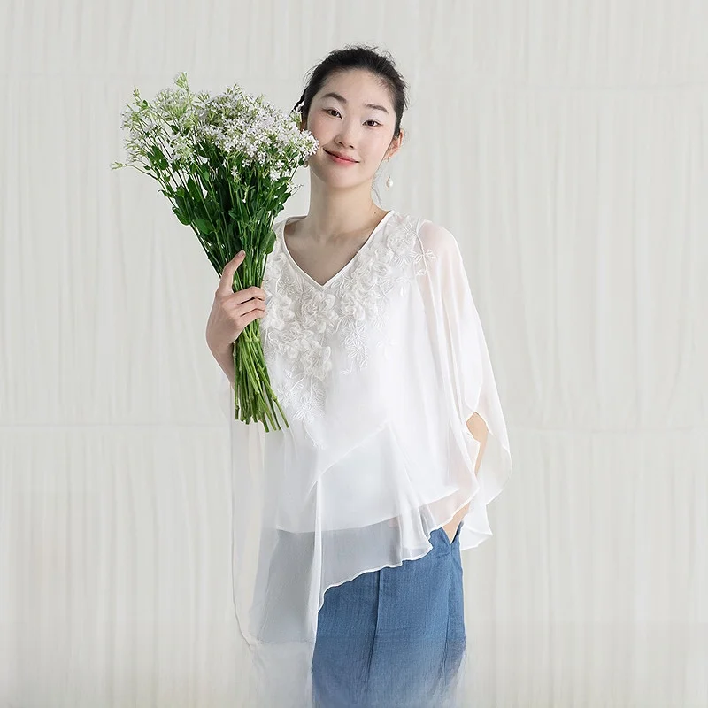 

Embroidered Silk Loose Fit irt Asymmetrical Flower Button Design Women's Sweet Sle Straight Tube Sve V-Ne Summer irt