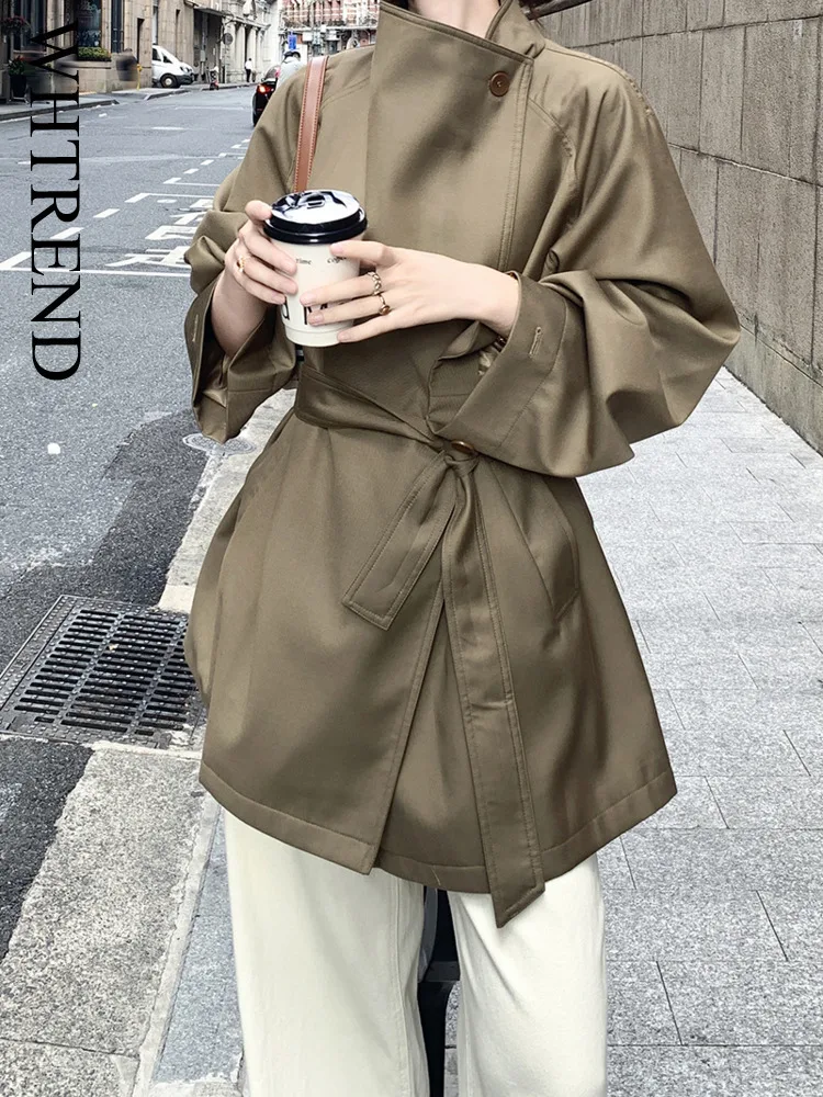 

WHTREND 2025 New Autumn High End Turn-Down Collar Asymmetrical Windbreaker Office Lady Fashion WH1410