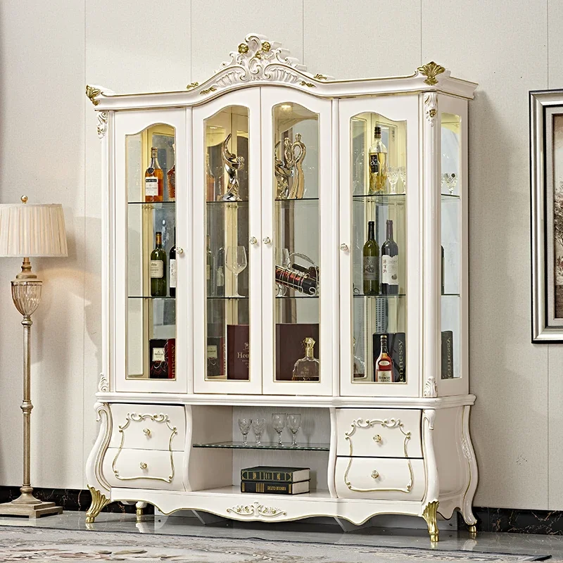 

European-Style Carved Four-Door Wine Cabinet White Living Room High-End Luxury French Court Glass