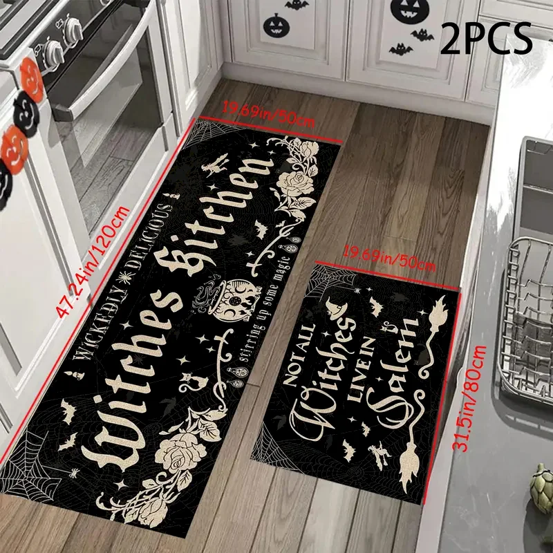 VIKAMA Witch Kitchen Halloween Running Carpet Kitchen Non slip Floor Mat Gothic Letter Printed Floor Mat Home Decoration