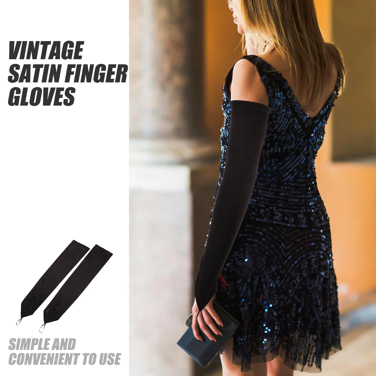 قفازات سوداء عتيقة من الساتان بدون أصابع طويلة بطول الكوع فستان زفاف أنيق قفازات نسائية رسمية #2