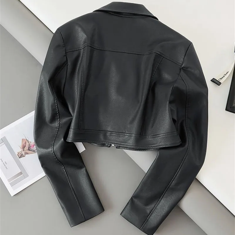 2026 Spring Autumn New Fashion Short Leather Jacket Women Motorcycle Coat Black PU Leather Zipper Lining Outerwear Tops
