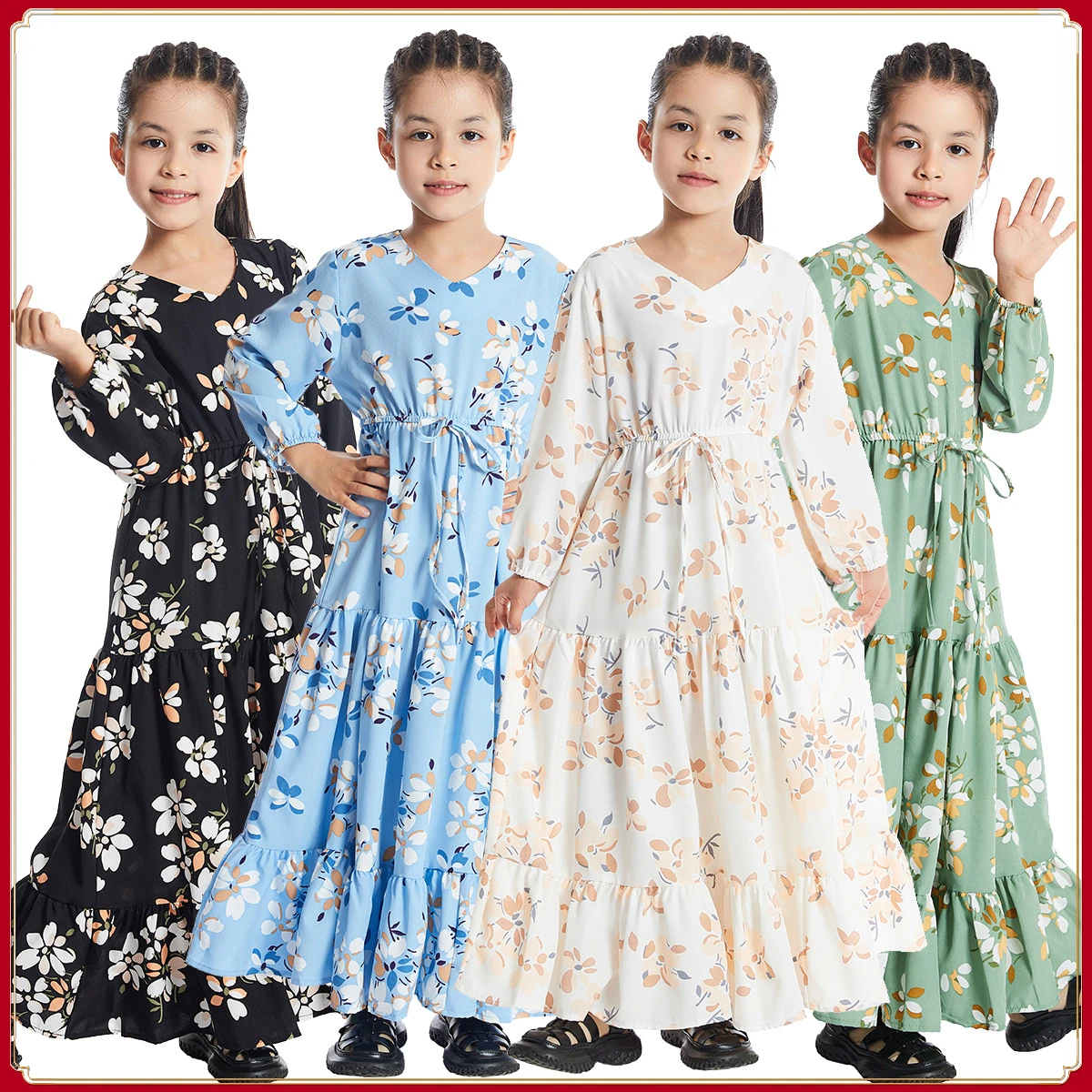 Muslim Robe Gown Floral Dress for Kids Children Abaya Princess Long Dresses Girl Kimono Ramadan Middle East Arab Islamic Clothes