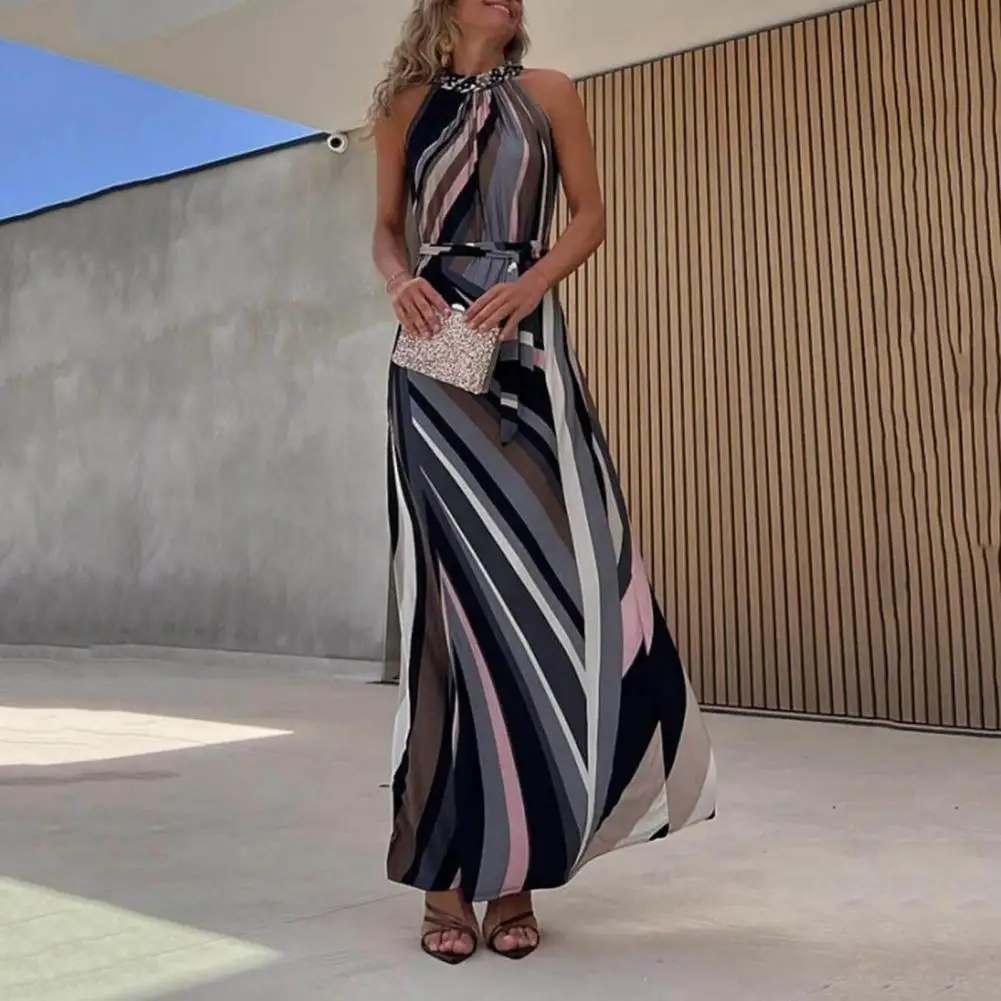 Halterhals Off-Shoulder Bedrukte Jurk Vrouwen Halter Hals Jurk Elegante Geometrische Print Maxi Jurk Off Shoulder Slank Voor Prom