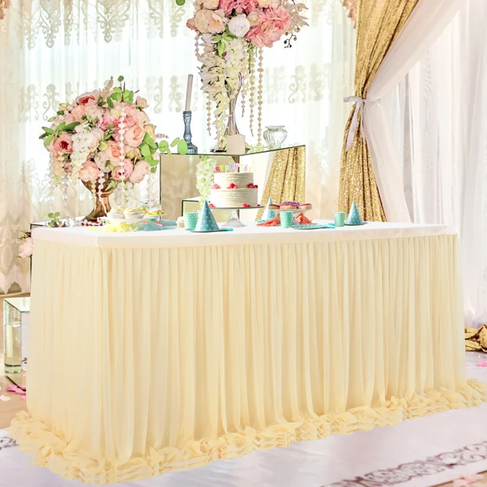 Table Skirt Stretch Yarn Cross-striped Table Skirt Rectangular Table Round Table Skirt Wedding Party Decoration 6FT Champagne