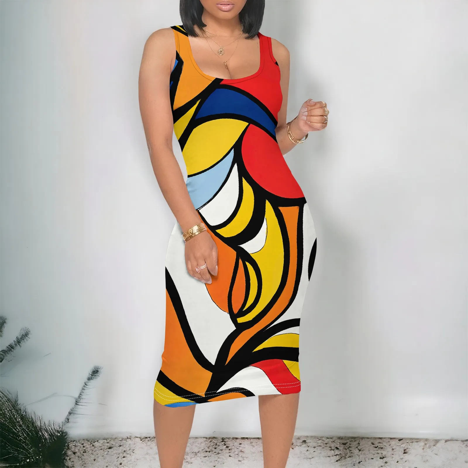 

Colorful Abstract Print Bodycon Midi Dress S-3XL Sleeveless Round Neck Slim Fit for Summer Party & Clubwear