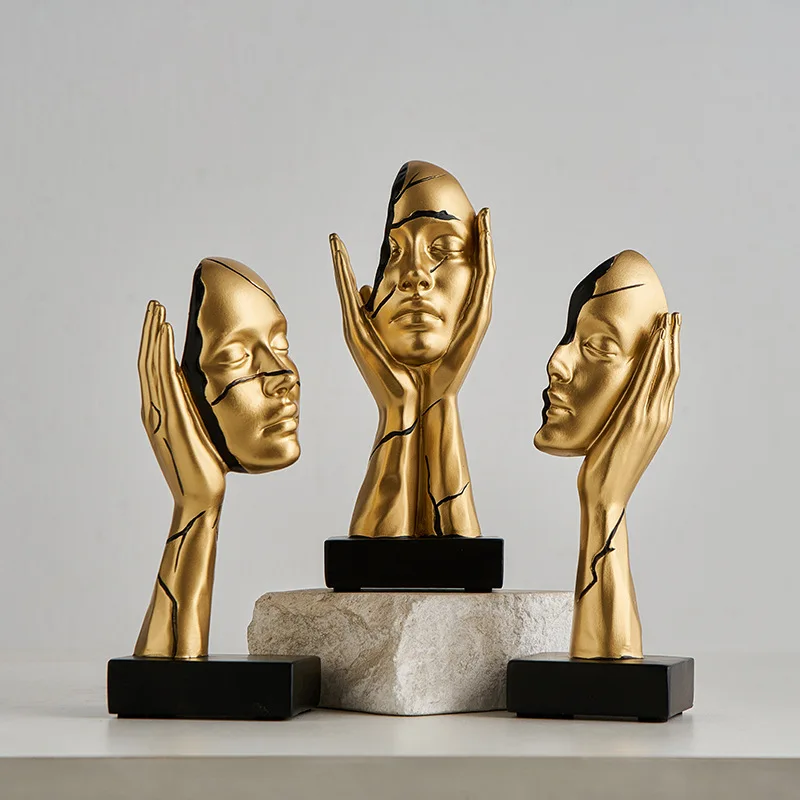 3PCS Gilded Face Sculpture Ornaments Resin Crafts Character Statuettes Living Room Office Bookcase Golden Body Ornaments Gifts