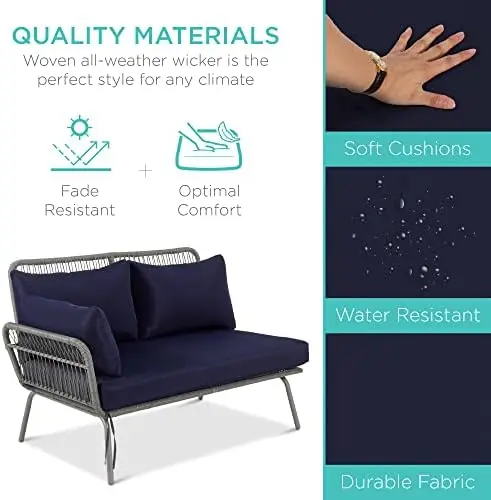 Outdoor L-Shaped Patio Sofa Set with Cushions, Lounger, Side Table - Gray/Navy