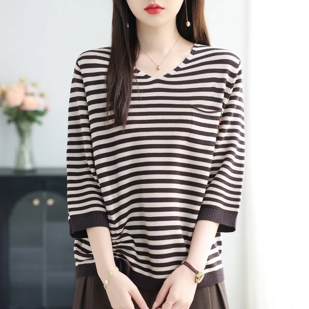 

New Style Thin Knitted Base Shirt Spring Autumn Plus Size Striped Top For Women Sleeve Length Seven-Quarter Mom Fit