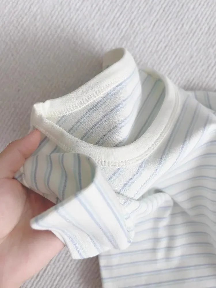 اليابانية بسيطة الأزرق مخطط تي شيرتات قصيرة الاكمام المرأة بلايز الصيف موضة سليم صالح س الرقبة قصيرة الأكمام المحملة الملابس النسائية