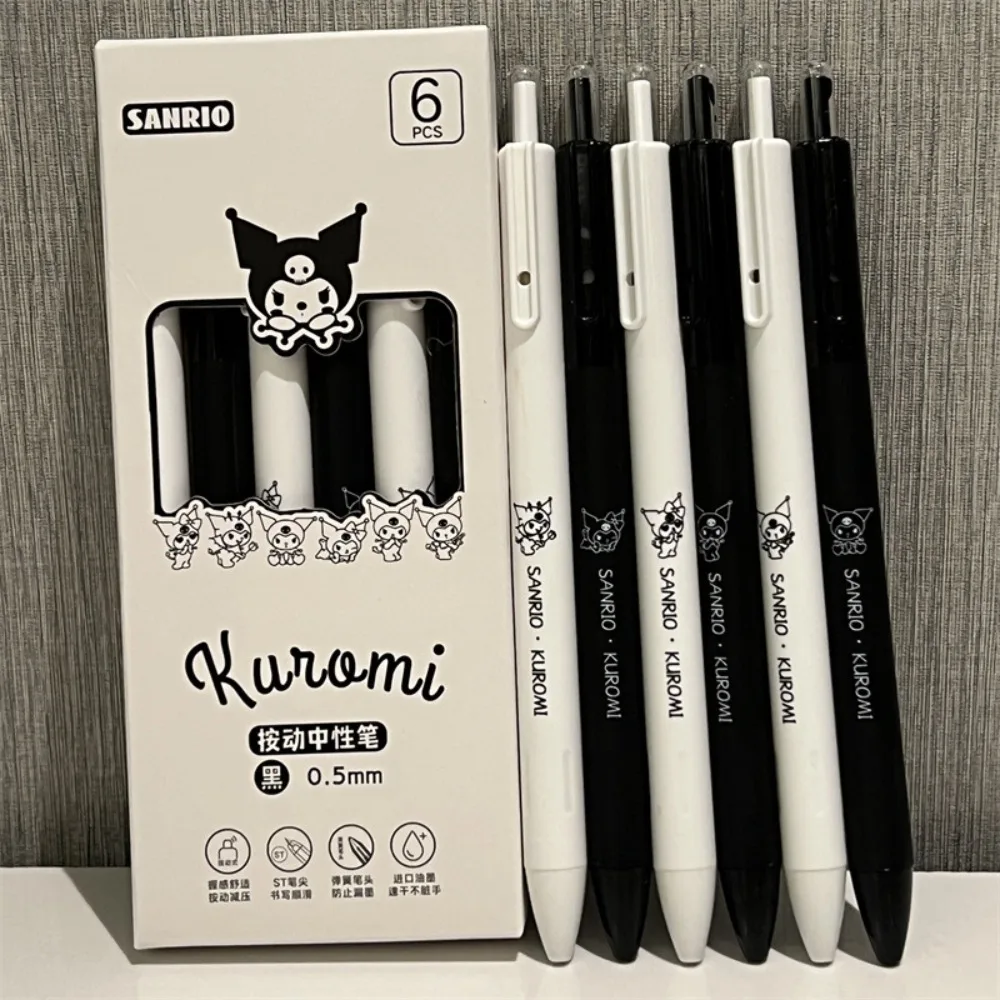 6pcs/box Sanrio Anime Kawaii Cute Kuromi Hello Kitty Cartoon Black ST Head Pupil Diary Examination Profile Gel Pen Stationery