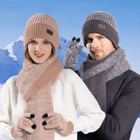 3Pcs/set Winter Warm Beanie Hat Scarf Knitted Woolen Touch Screen Gloves Windproof Outdoor Ear Protection Cap for Men Women