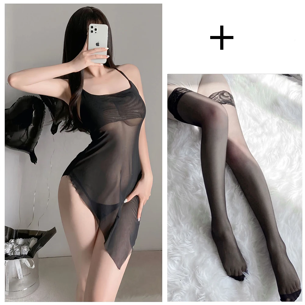 Sexy underwear sexy halter nightdress hot perspective thin pajamas passion uniform temptation Breathable and hot nightdress