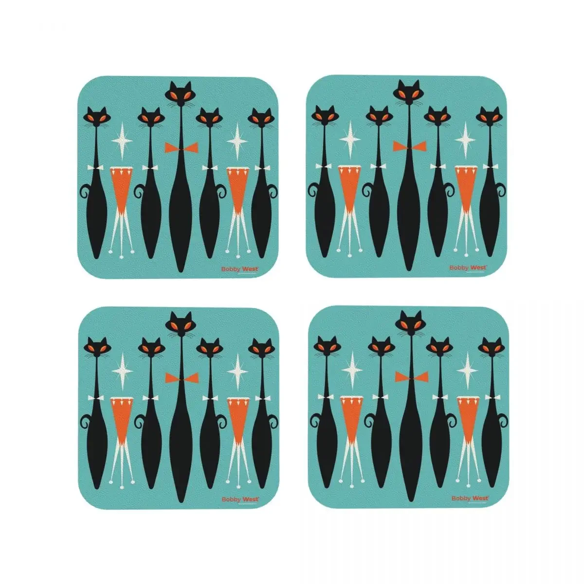 Midcentury Cats Playing Congas Coaster Coffee Mat Leather Placemats Cup Tableware Decoration & Accessories Pads for Home Kitchen