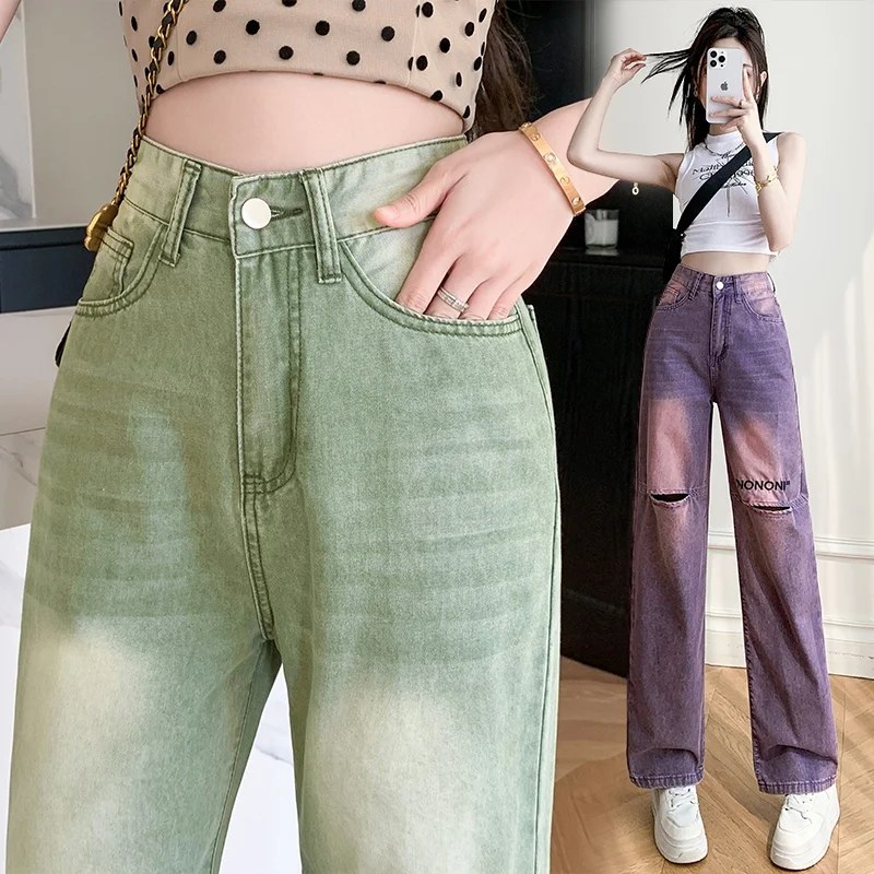 

Gradient color distressed embroidered jeans for women's 2024 new summer high waisted thin draped narrow wide leg pants