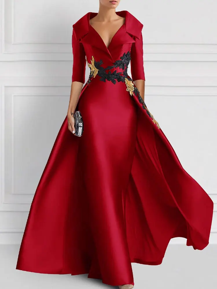 A-Line Christmas Evening Gown Elegant Dress Formal Floor Length 3/4 Length Sleeve Shirt Collar Satin with Appliques Customize