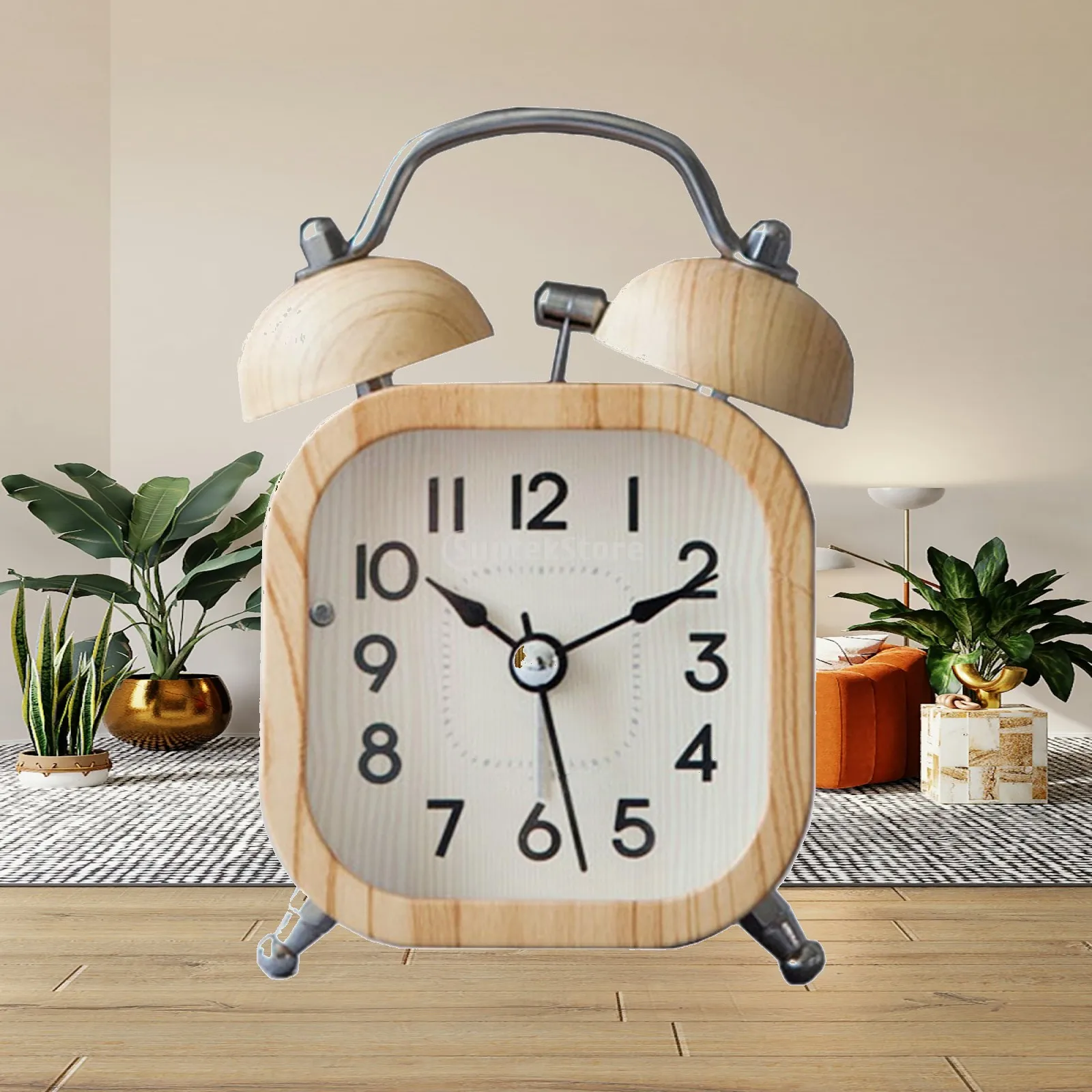 Stylish Wood Analog Bell Alarm Clock Silent Sweep Non Ticking Night Backlight for Bedroom Table Decor