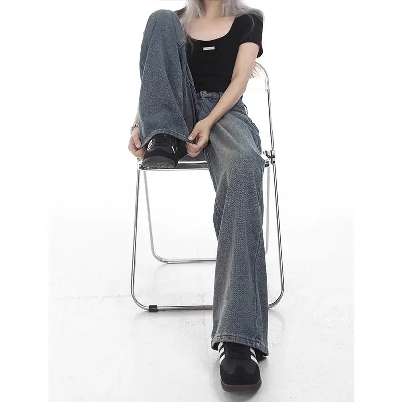 กางเกงยีนส์ผู้หญิงลายดาวสไตล์อเมริกันย้อนยุค ทรงตรงหลวม ช่วยพรางหุ่น สำหรับฤดูใบไม้ผลิและฤดูใบไม้ร่วง รุ่น Fce Lined Thiened