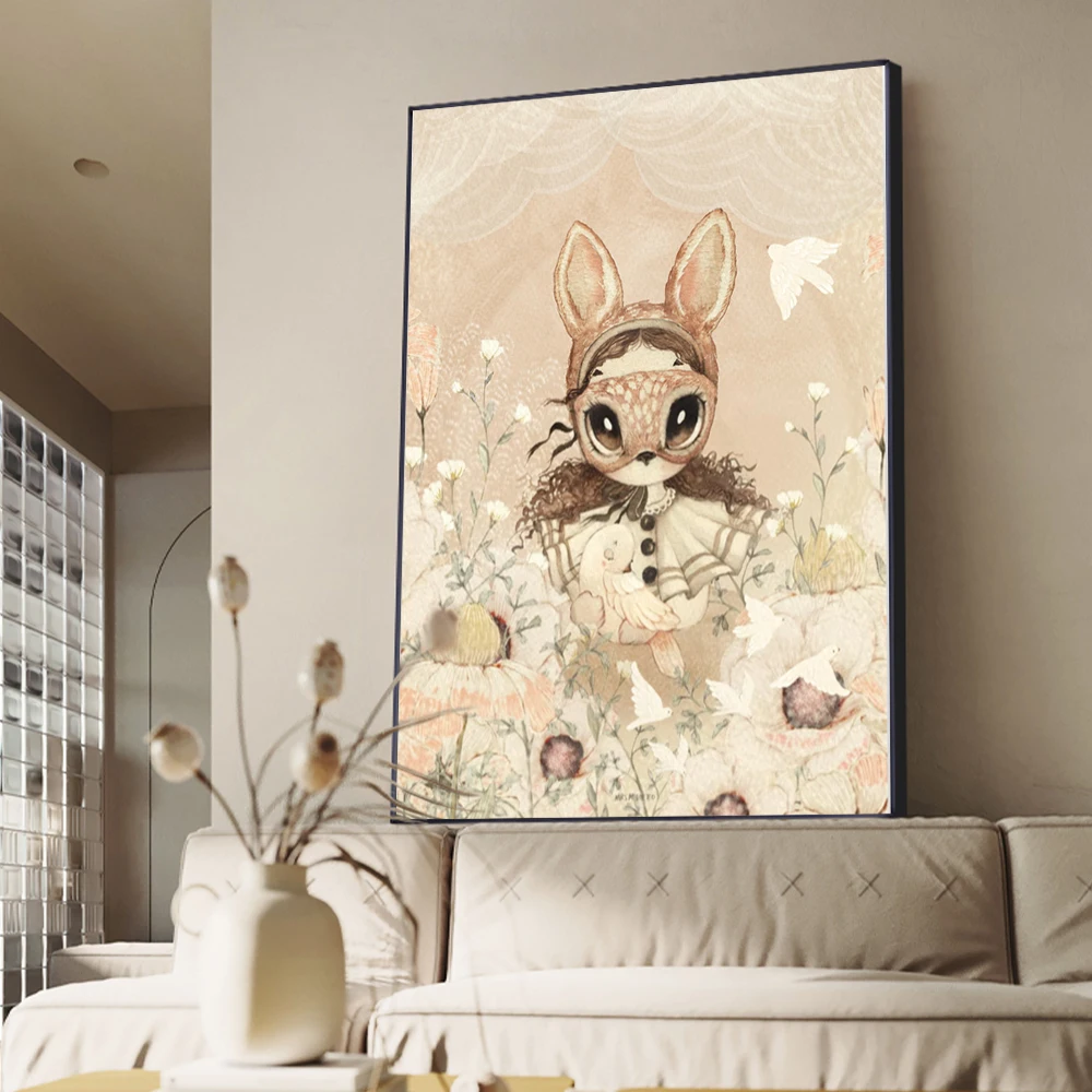 Cute Beige Rabbit Girl Canvas Prints And Posters Kids Room Wall Art Decoration Paintings Bedroom Modern Home Decor
