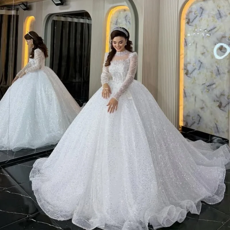 Shiny White Wedding Dresses off-shoulder A-line crystal decal Long tail long sleeves Bridal Gowns Made Customized