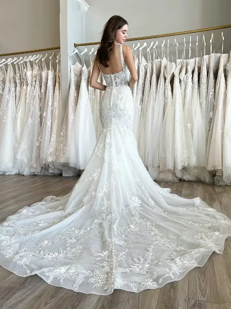Abiti da sposa a sirena in pizzo 2026 Robe De Mariee Colletto quadrato Abiti da sposa senza maniche Perline personalizzate Abiti da sposa