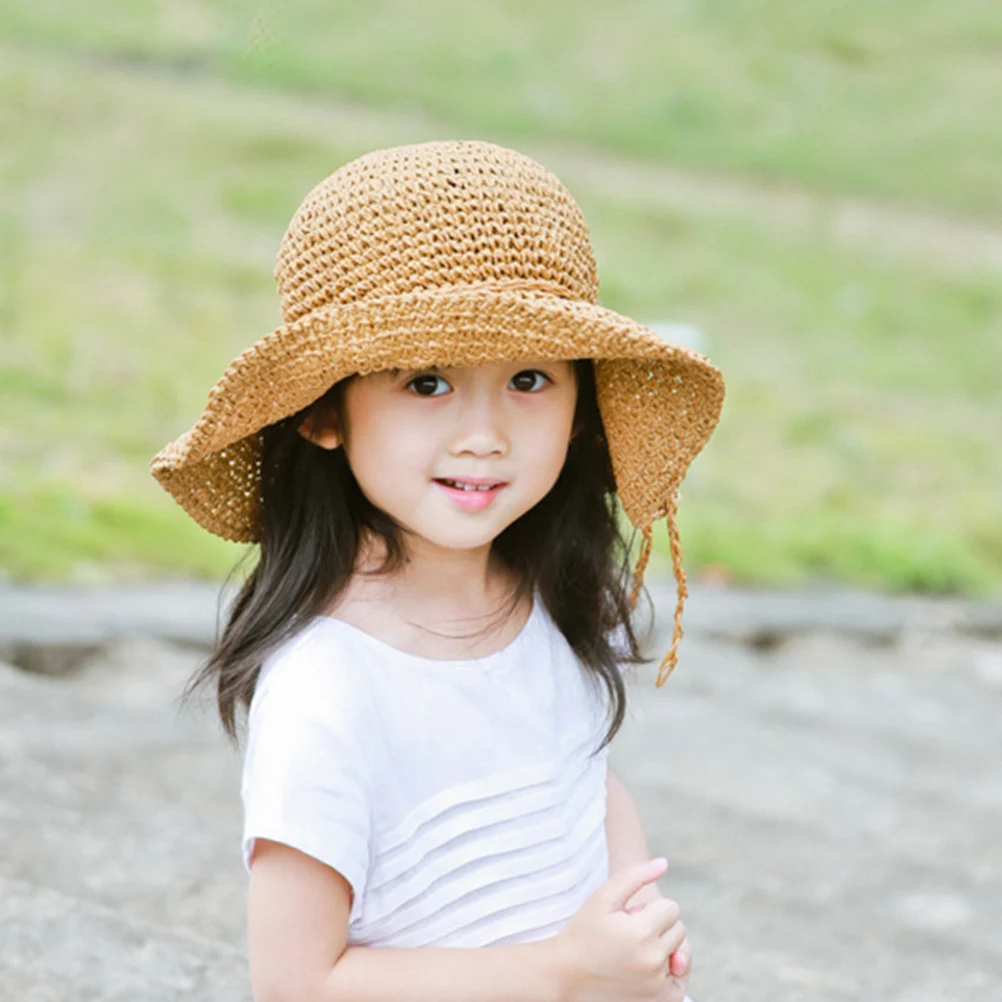 

Girls Kids Straw Beach Protective Cap 51Cm Circumference Bowknot Design Khaki Color Children Cool Vacation Gift Kids