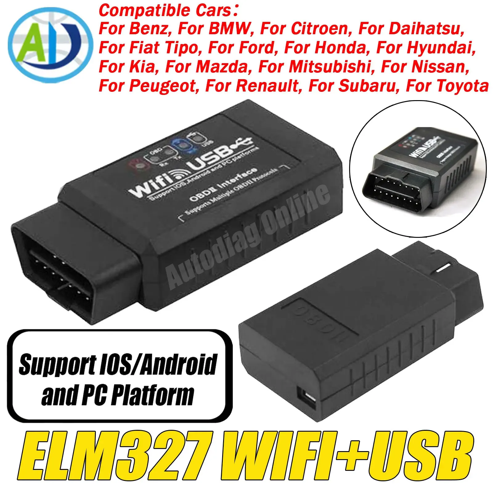 

ELM327 WIFI USB Scanner OBD2 Car Code Reader Tool For CAN KWP2000 For Benz Ford Mazda Toyota Nissan OBDII Auto Diagnostic Tool