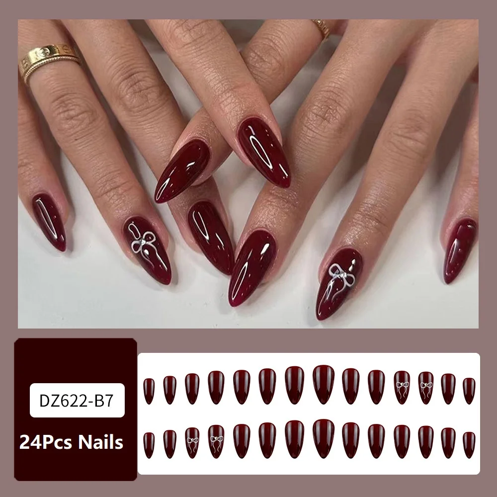 バレンタインデー レッド フレンチプレスネイル ミディアムアーモンド ラインストーンプレスオンネイル グロッシー スティックオンネイル リボン付き 女性用 24枚入り