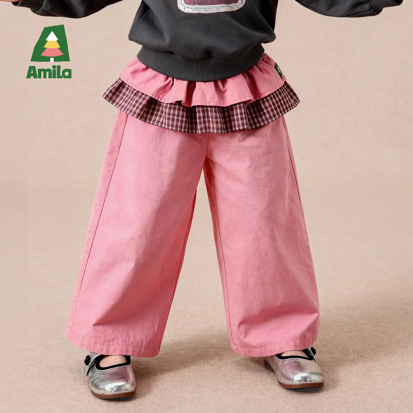 Amila 2026 Autumn New Kids Girls Casual Long Pants Ruffled Waist Splice Straight Leg Sweet Cute Daily Versatile Pants