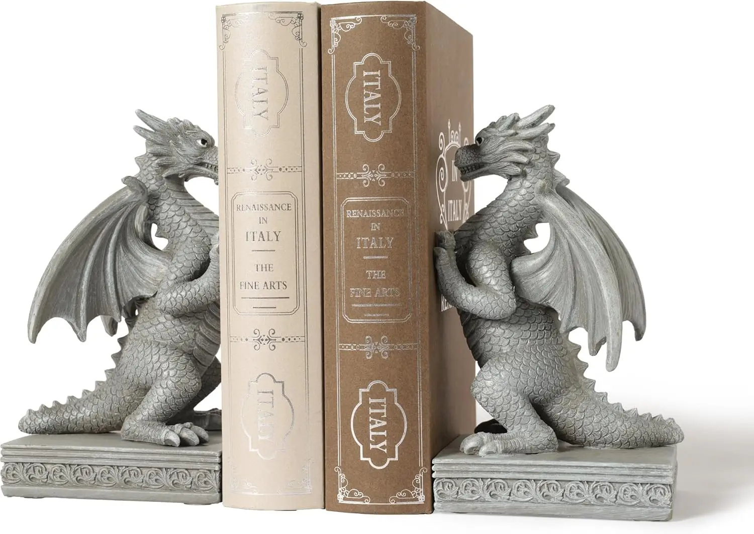 Dragon Statue Decorative Bookends for Shelves, Stone Grey Dragon Statue Home Office Decoration, Fantasy Dragon Figurine
