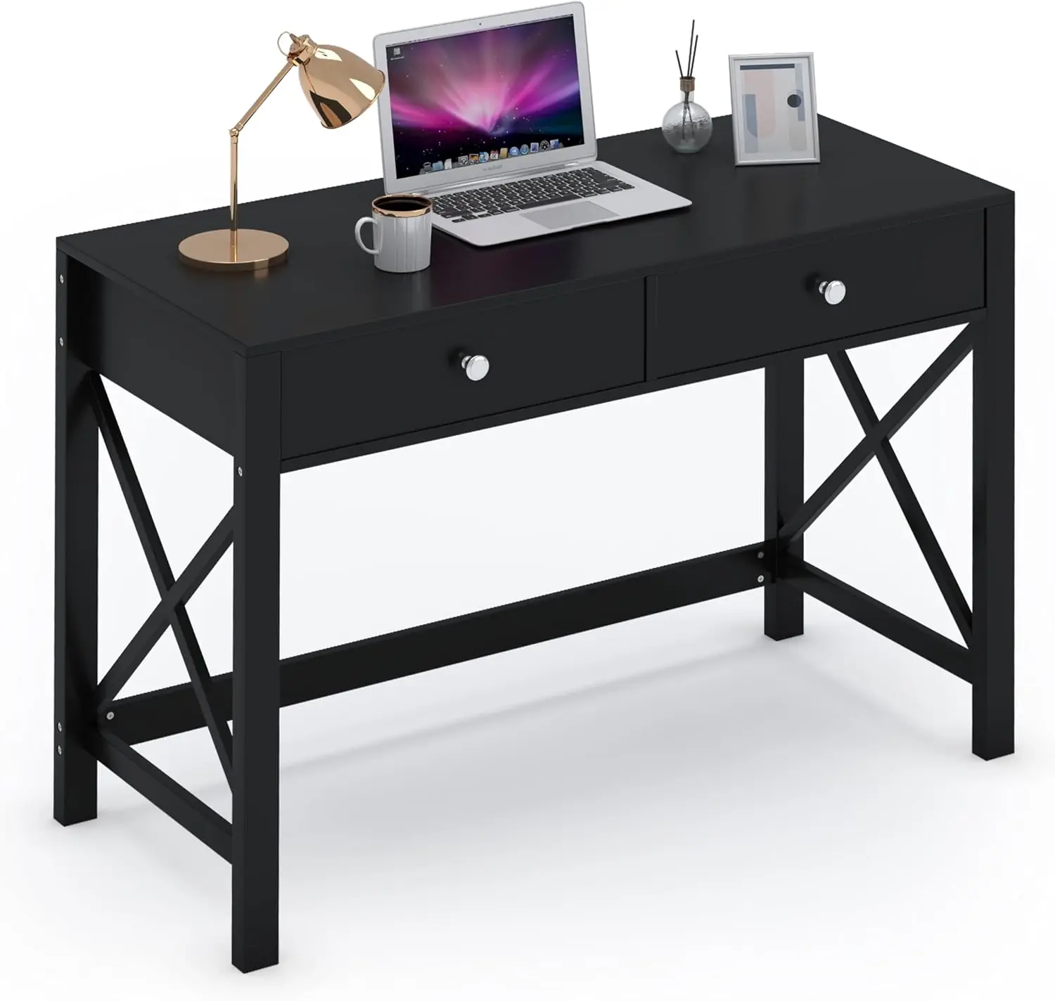WiberWi Home Office Desk with Drawers, Black Modern Writing Computer Desk, Small Makeup Vanity Table for Bedroom, Study Table fo