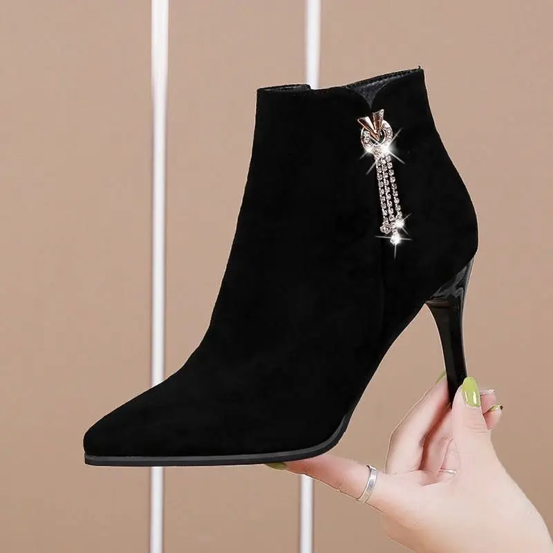 Women's Ankle Boots Sexy Pointed Toe Booties Black Female Short Shoes Very High Heels Heeled on Offer Autumn Chic and Elegant Pu