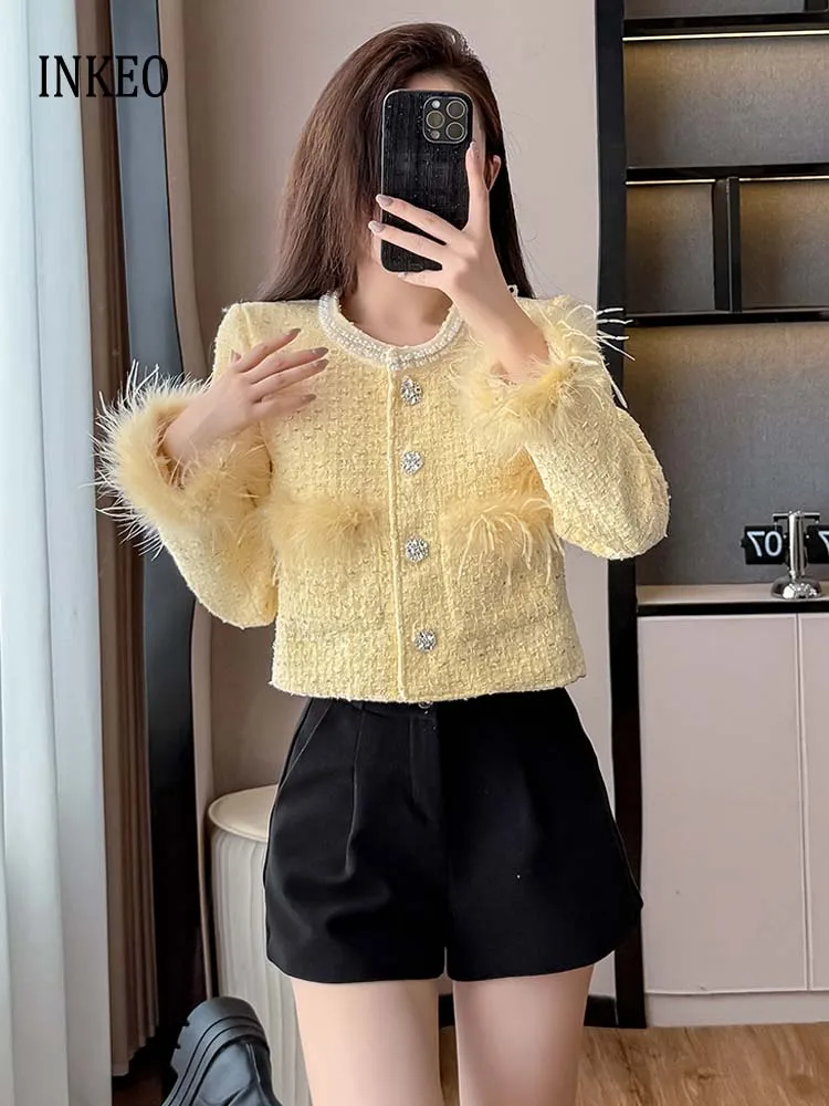 

High street Beading O-neck jacket Feather long sleeve coat Women's 2026 Spring Light yellow Single breasted short jacket 5O123