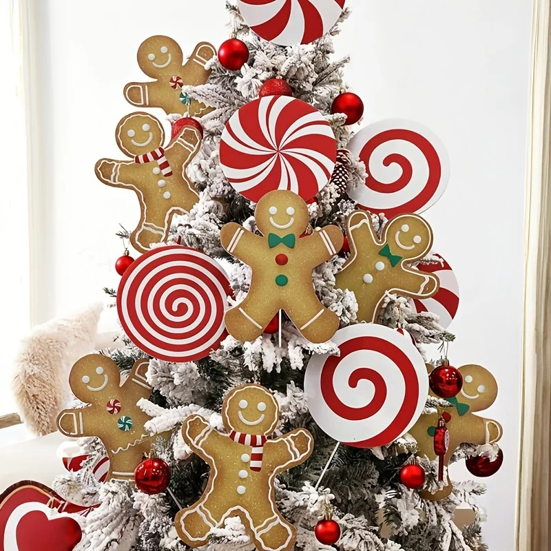 Weihnachtsbaum-Dekorationspicks, Lebkuchenmann, Pfefferminze, Lutscher, Weihnachtspicks für Baum, Süßigkeiten, Haus, Ornamente, DIY