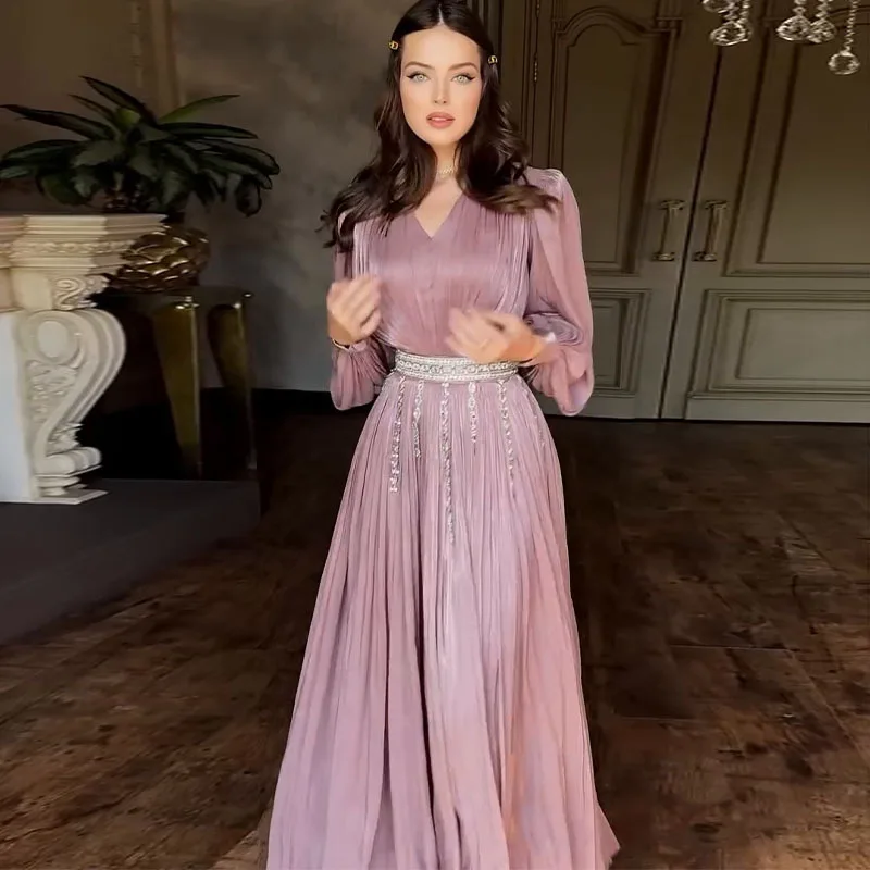 Vestido E de Manga Longa com Decote em V e Cintura Alta para Mulheres, Vestido Sexy e Faion com Saia em Camadas de C...