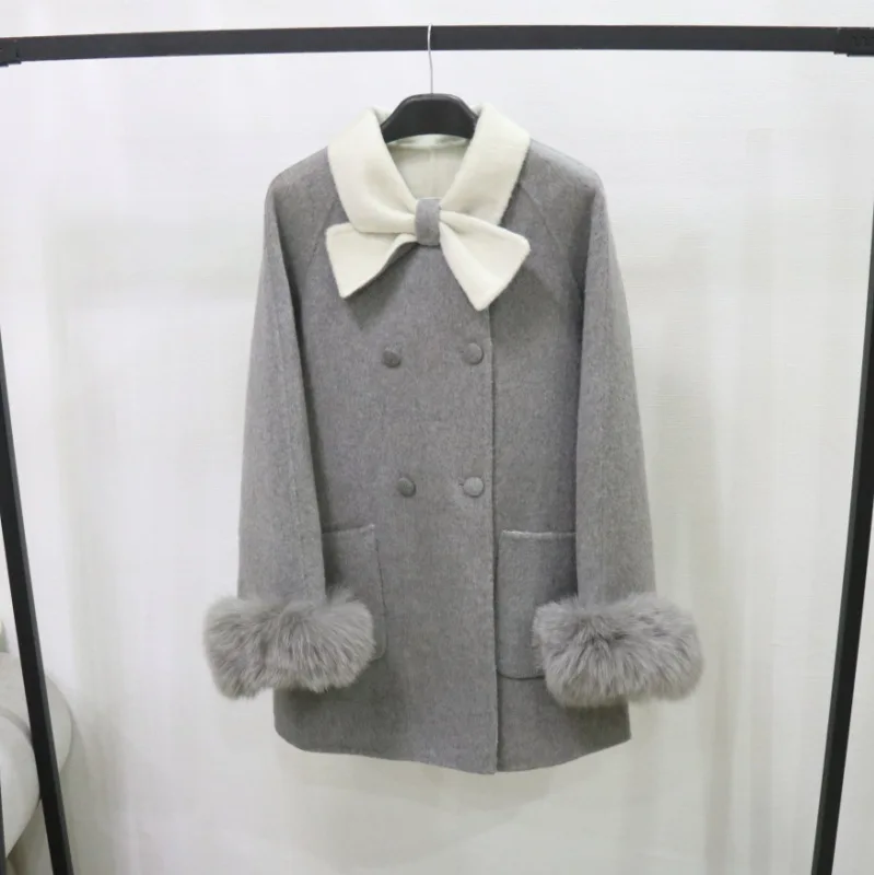 

Women's Wool Bowknot Long Sleeve Double Brasted Loose Coat Lady Autumn Winter Elegant Fox Fur Cuffs Pockets Long Outwear Top