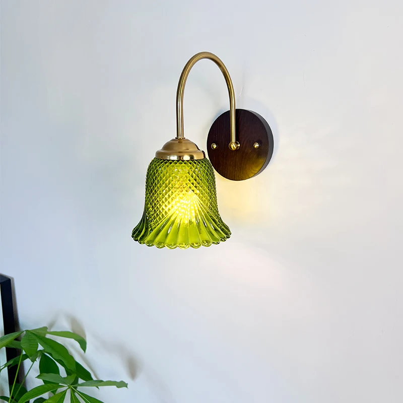 

Modern Walnut Color Glass Wall Lamp for Bedroom Bedside Lighting Zipper Switch Flower Glass Sconces Stair Living Room Wall Light