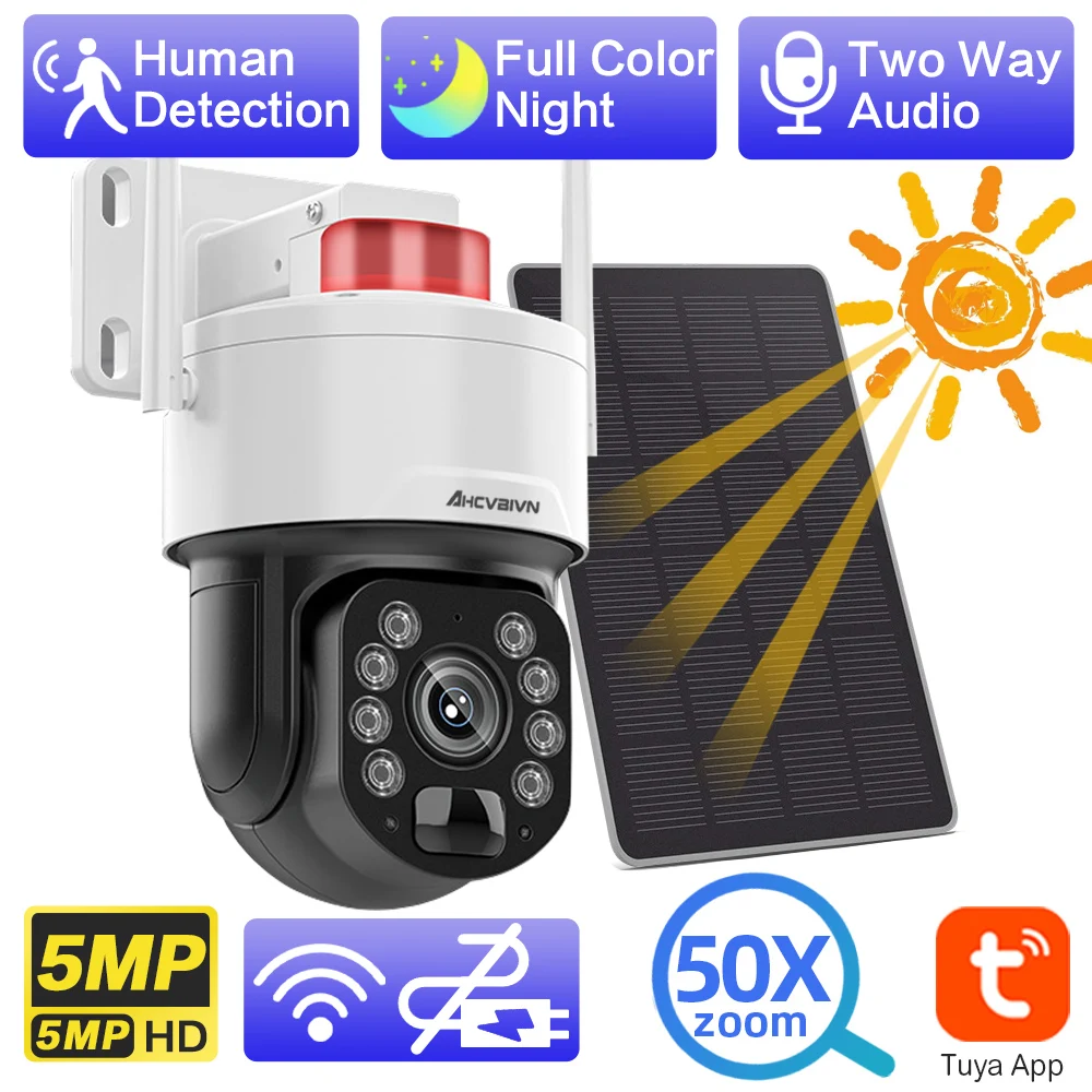 

Tuya Smart Solar Battery WiFi PTZ 5MP 50X Optical Zoom Auto Tracking Outdoor Security Audio Spotlight Surveillance IP Camera