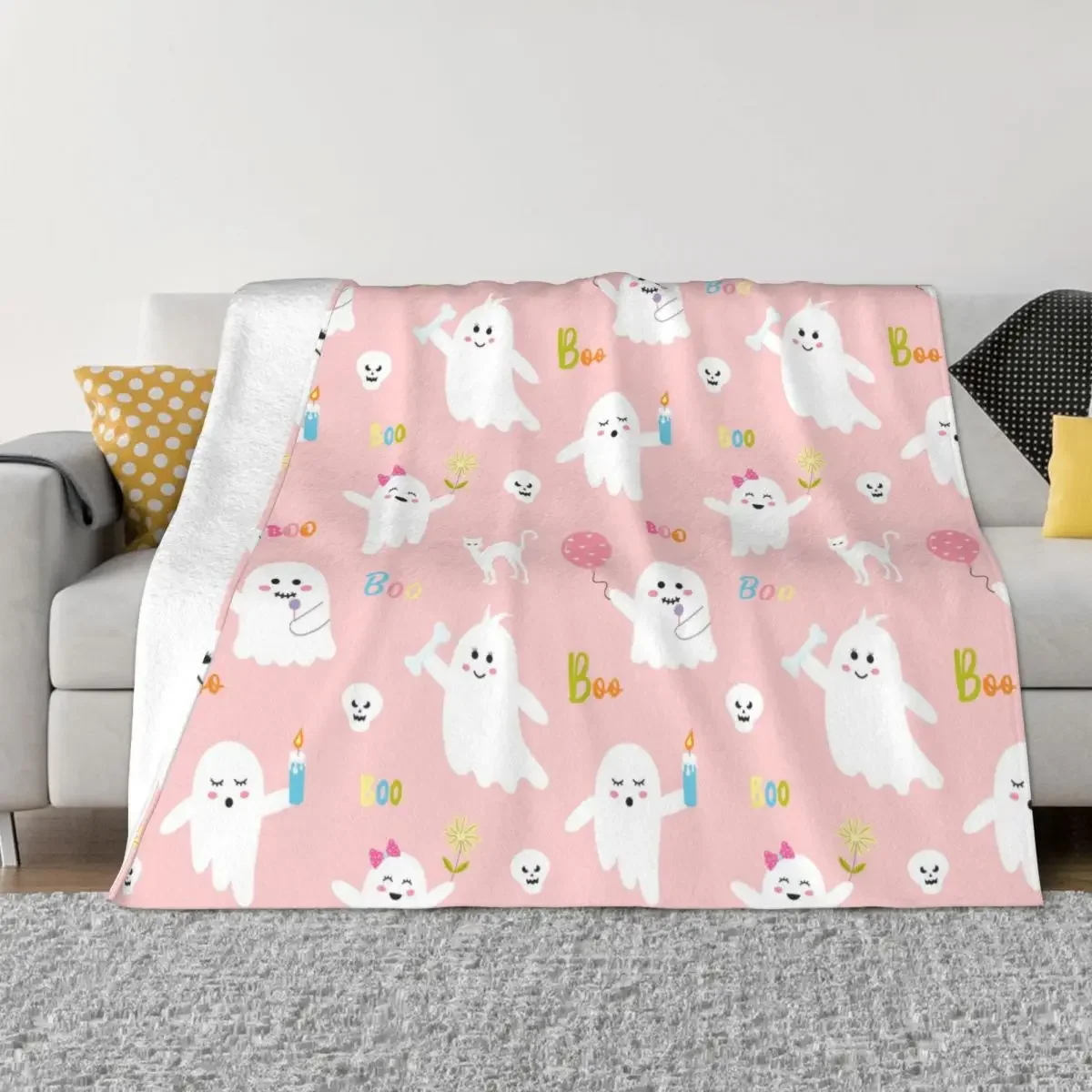 Pink Ghosts Boo Quote Flannel Blanket Halloween Funny Throw Blankets for Home Plush Thin Quilt