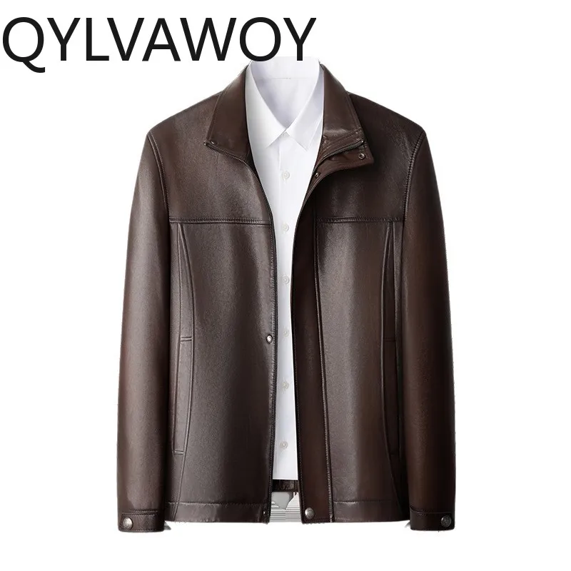

QYLVAWOY High Quality Real Goatskin Genuine Leather Jacket Men Autumn Winter Fashion Stand Collar Leather Coat Man Clothing 2026