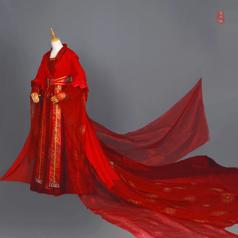 Ruoshuifang Ancient Style Red Wedding Dresses Women\'s Tail Large Skirt Ancient Cosplay Costume, Large Sleeve Han Fu Halloween