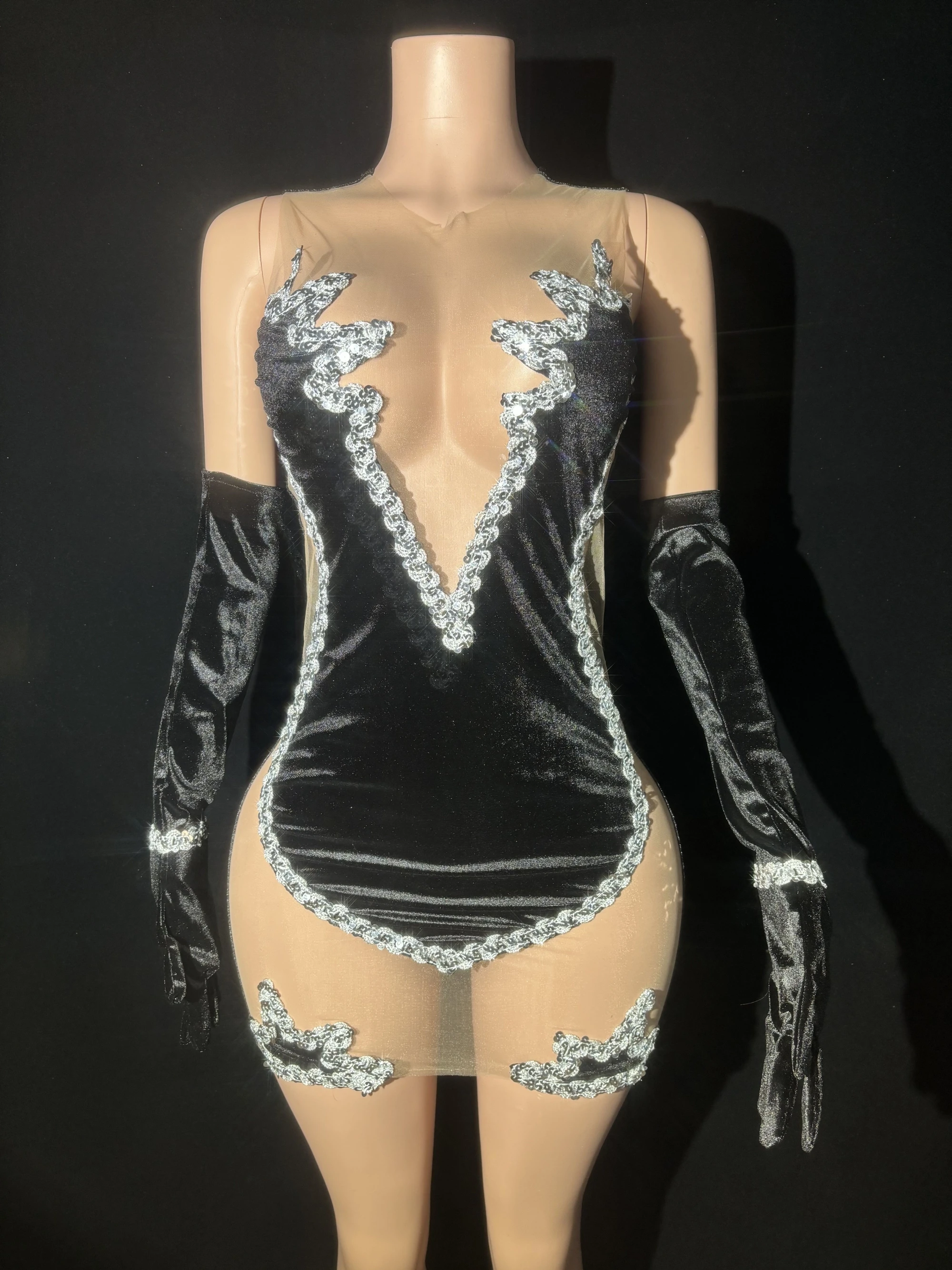 Zwart Velet Met Handschoenen Sexy Doorzichtige Schede Mini-Jurk Avondfeest Nachtclub Optreden Kostuum Bar Zangeres Podiumkleding