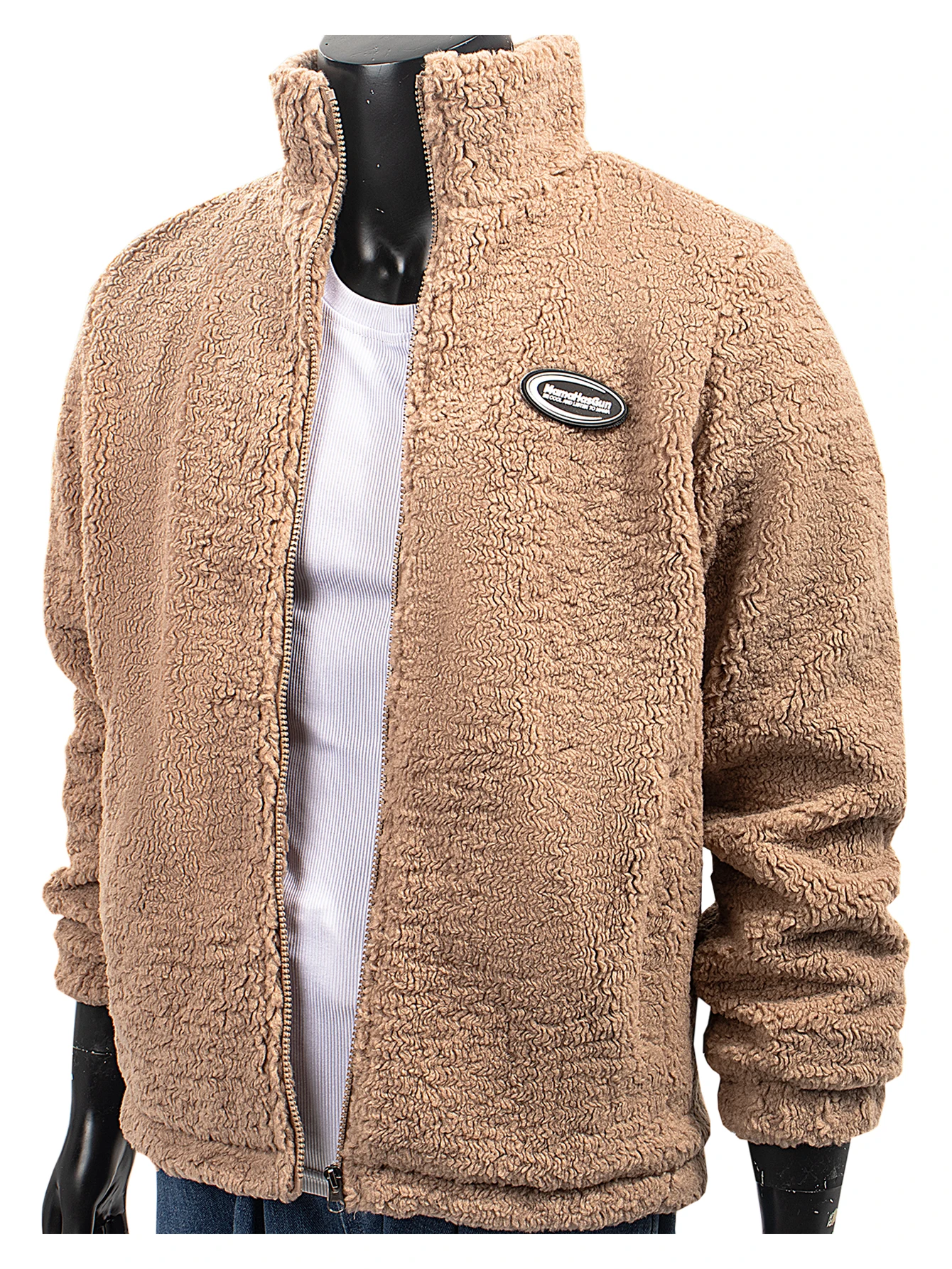 

Men's Casual Wool Jacket with Embroidered Letters Design Thick Polyester Fleece Lining High Neck Zipper Loose Fit for Daily Wear