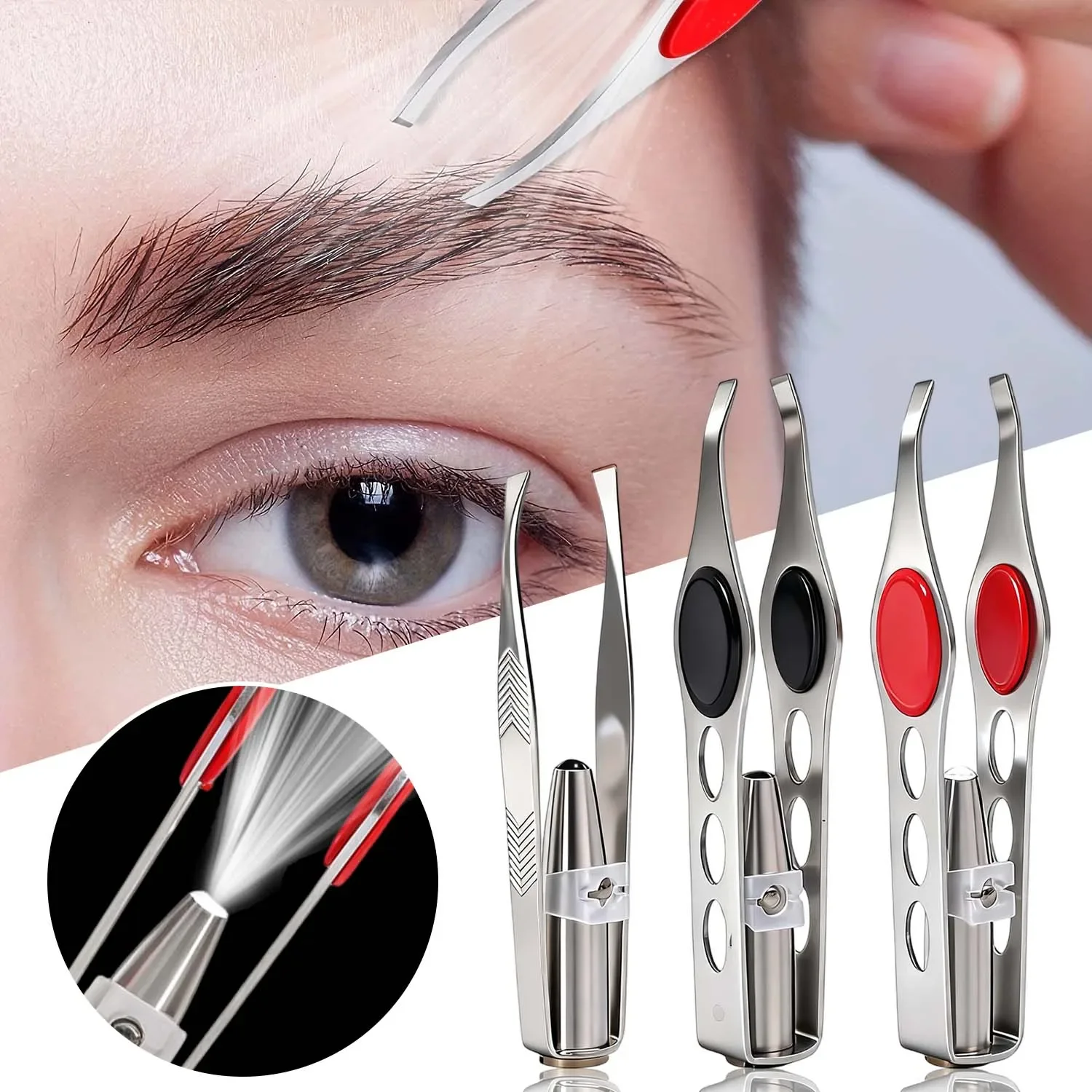 1 pçs portátil de aço inoxidável pinças sobrancelha botão célula design inteligente sobrancelhas cabelo remover pinça com luz led ferramentas maquiagem